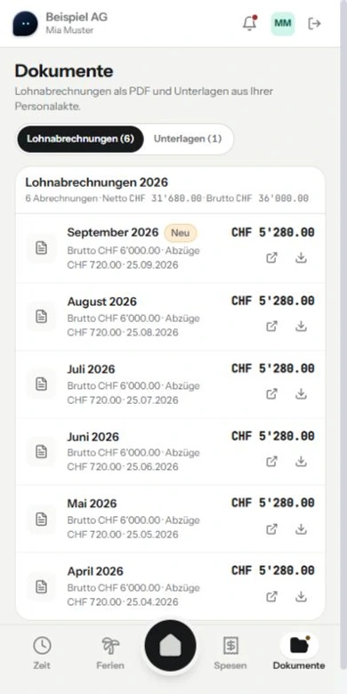 Mitarbeiter-App: monatliche Lohnabrechnungen