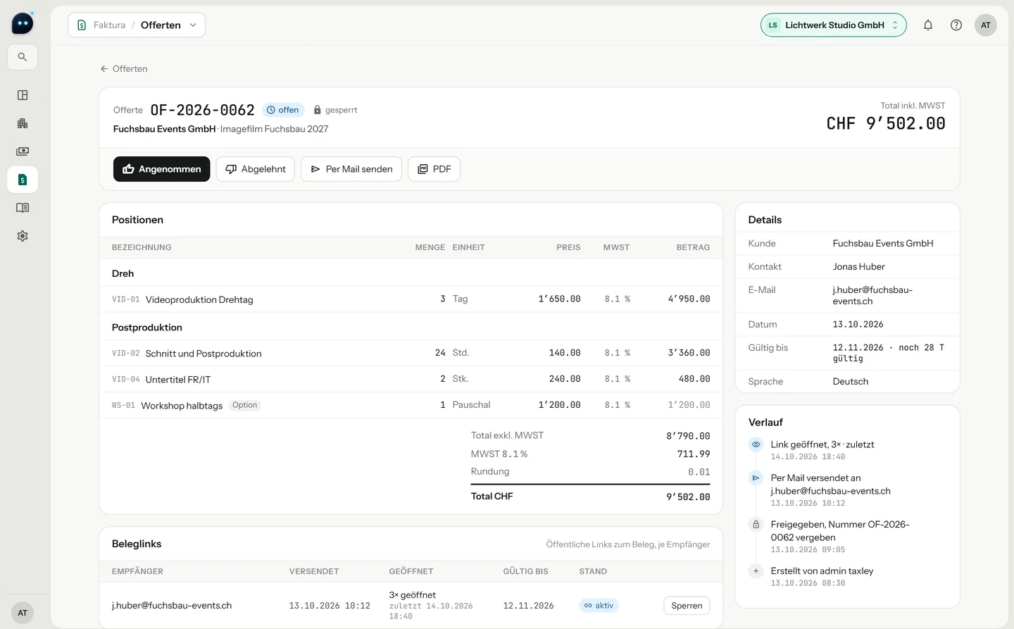 Offerte mit Beleglinks und Verlauf